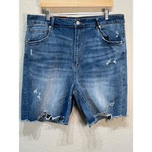 RISEN Women 3XL High‎ Waist Distressed Denim Cut Off Long Jean Shorts NWT
